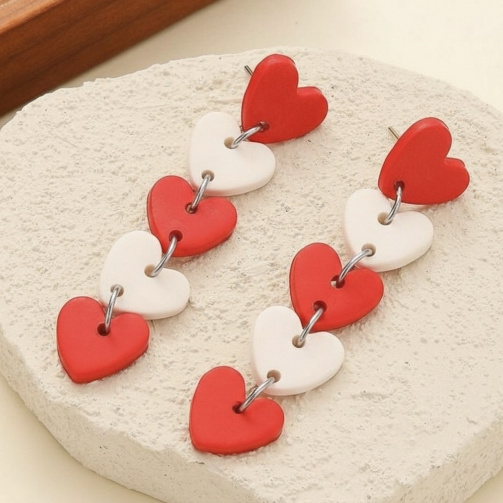 Tiered Heart Drop Studs - Handmade Clay Earrings - Valentine’s Day - Red & White